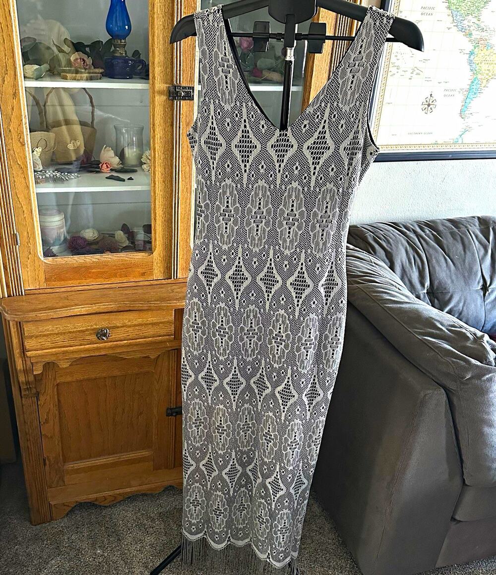 VENUS Black Lace Fringe Maxi Dress S Made USA Geometric Gothic Evening Gown